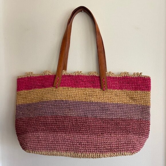 MAR Y SOL Allegra Raffia Woven Large Tote Bag Pink Purple Stripe - Picture 1 of 15